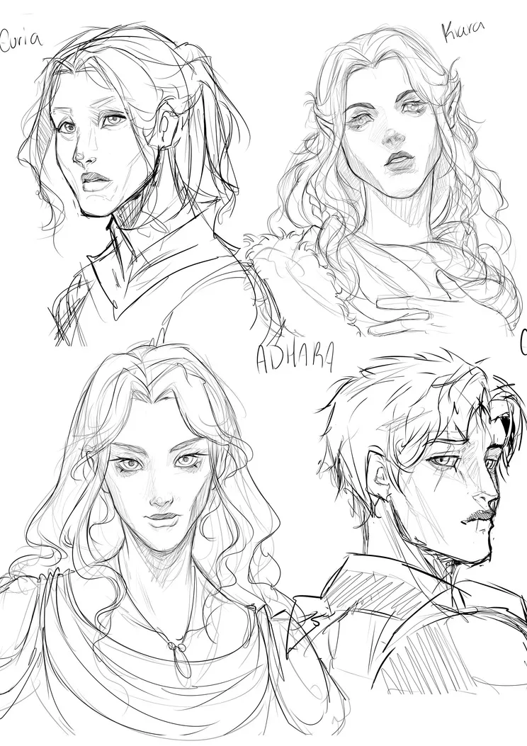 Bocetos a lápiz de Euria, Kiara, Addhara y Erwen